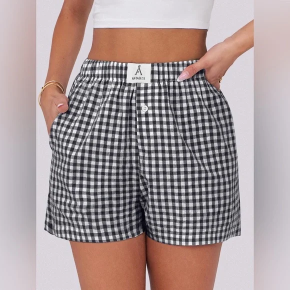 ANRABESS Women's Gingham Check Shorts Plaid Sleep & Lounge Black and White - Picture 13 of 16